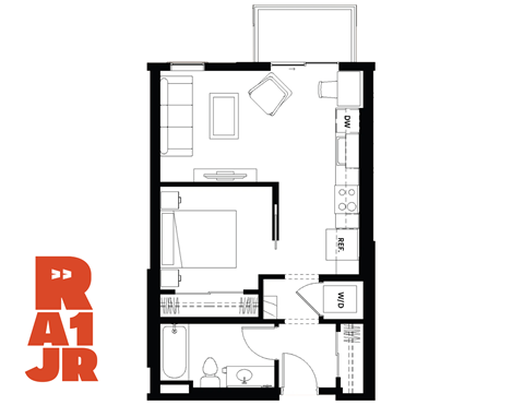Floor plan for 1 bed, 1 bath, 547 sqft